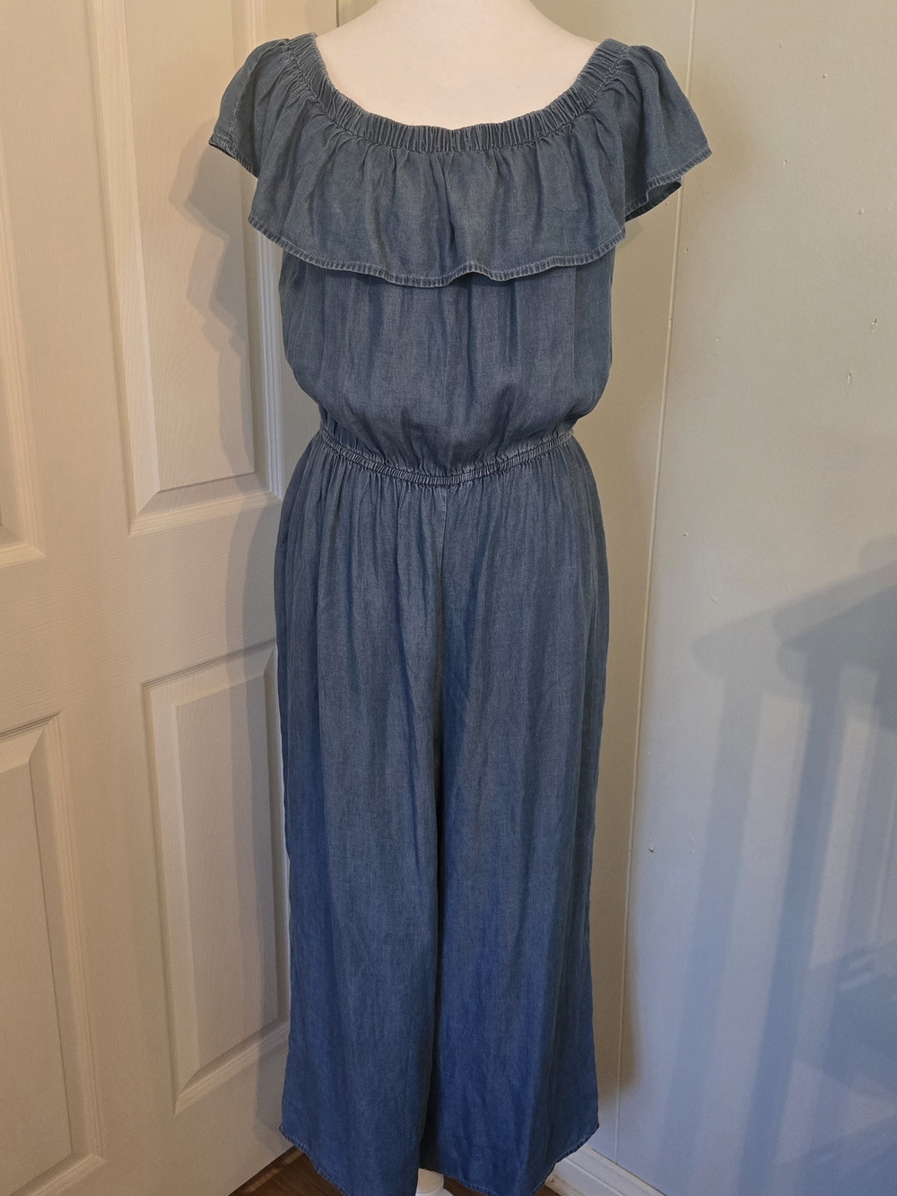 Magnolia Light Blue Chambray Off-Shoulder Jumpsuit